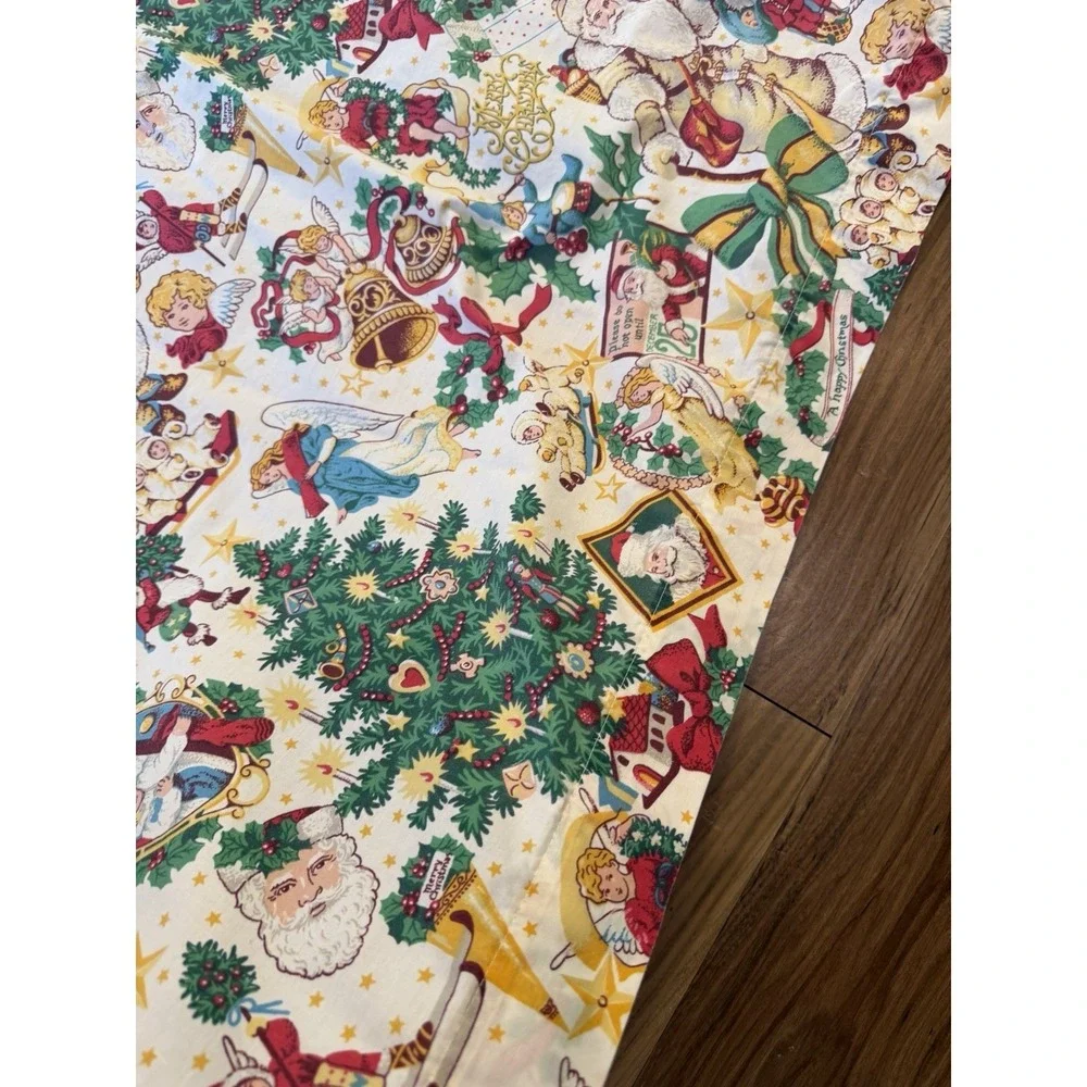 Vintage Christmas Flat Sheet King Size 103x101 Santa Angels Holiday Bedding